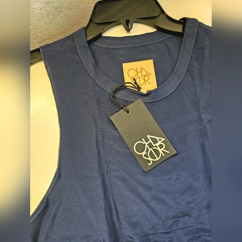 NWT CHASER tie front silk muscle tank M blue/black